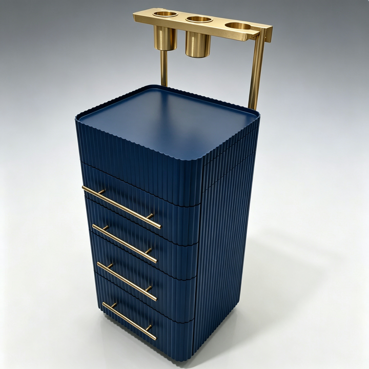 Supplier photograph of navy blue fluted salon trolley with gold fittings