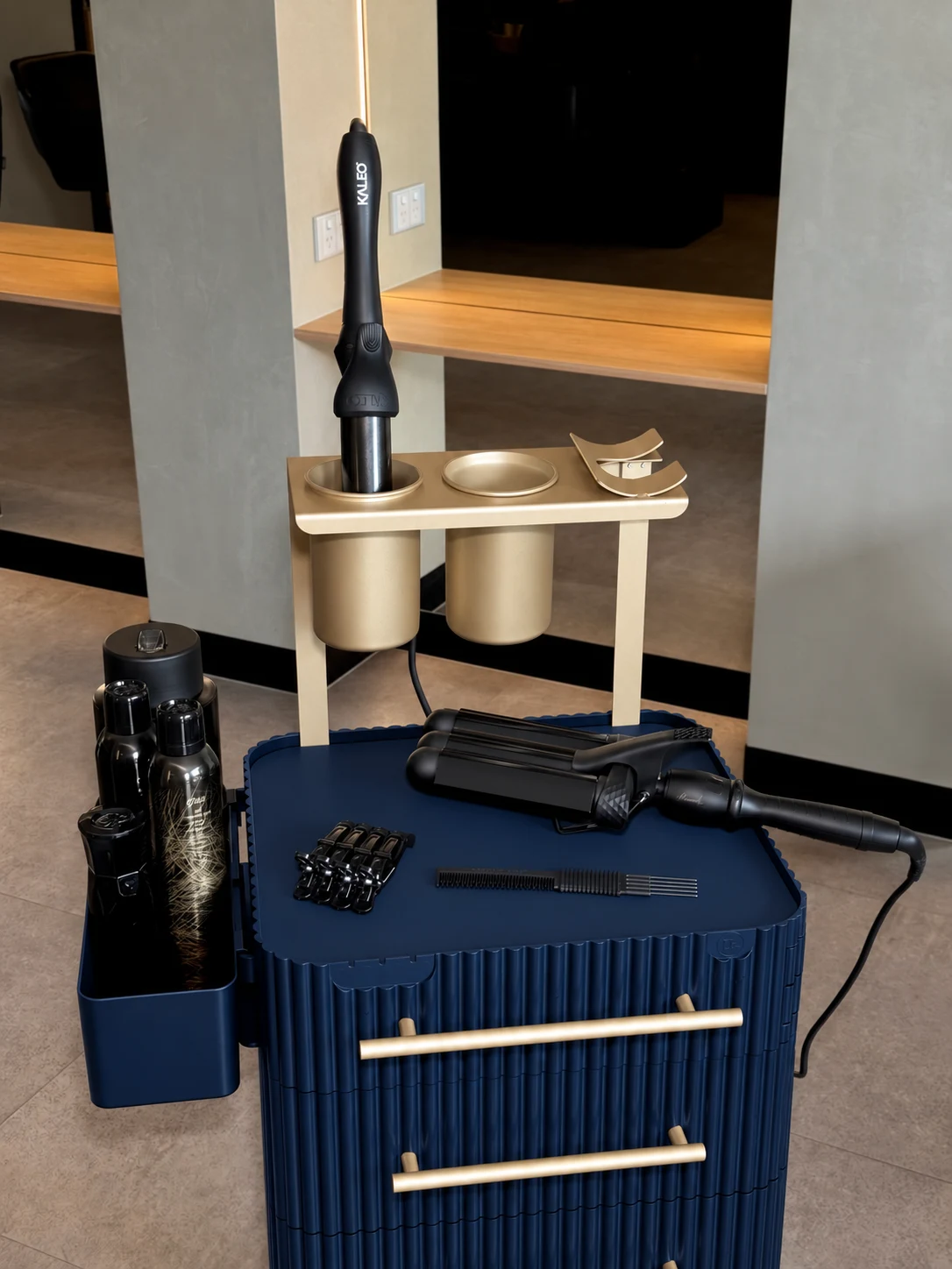 Navy & Gold trolley upper tool stations with styling tools on the top
