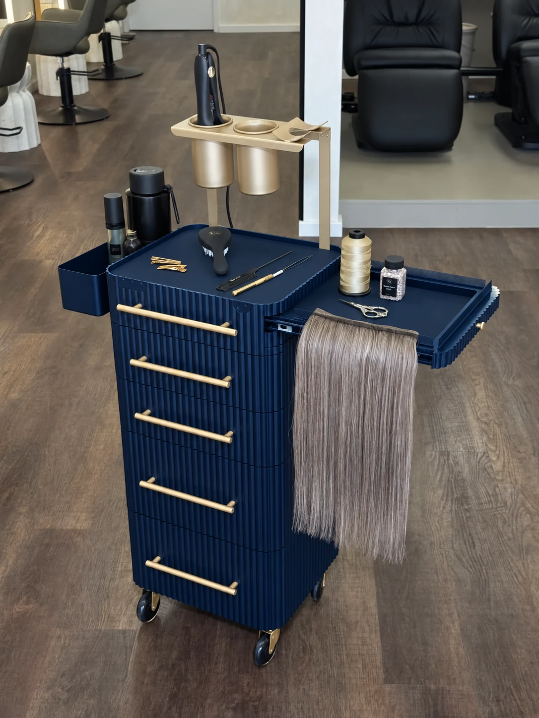 Navy & Gold trolley with extended side tray and hair extensions