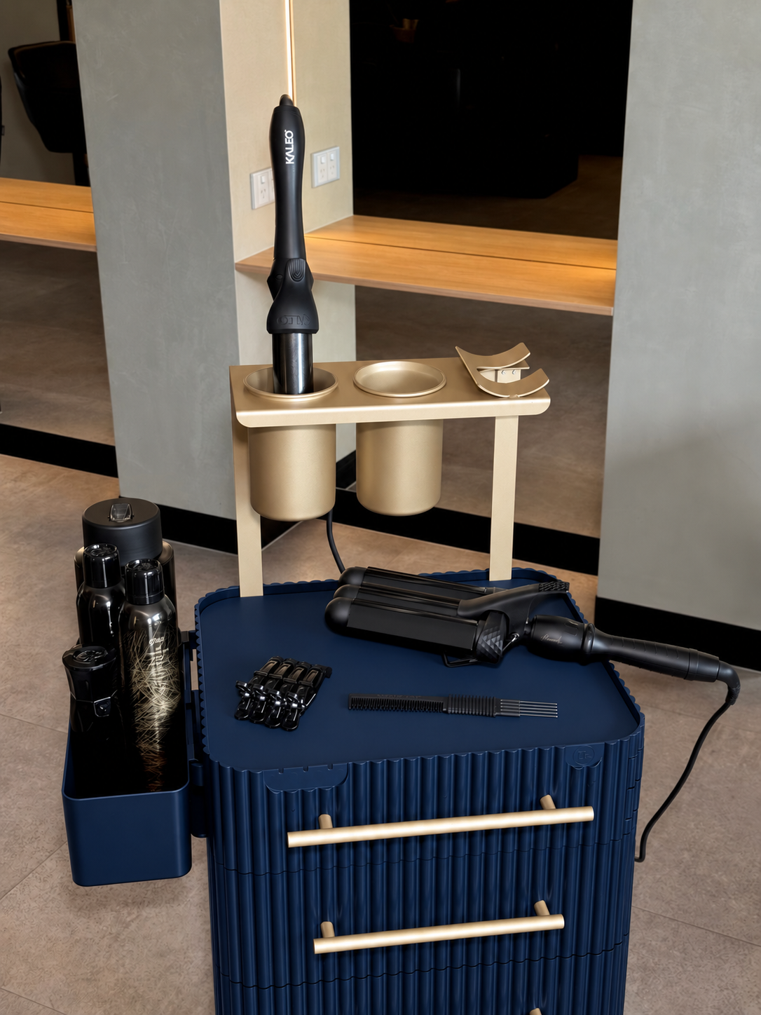 Close-up of the Navy & Gold trolley upper tool stations and fluted drawers