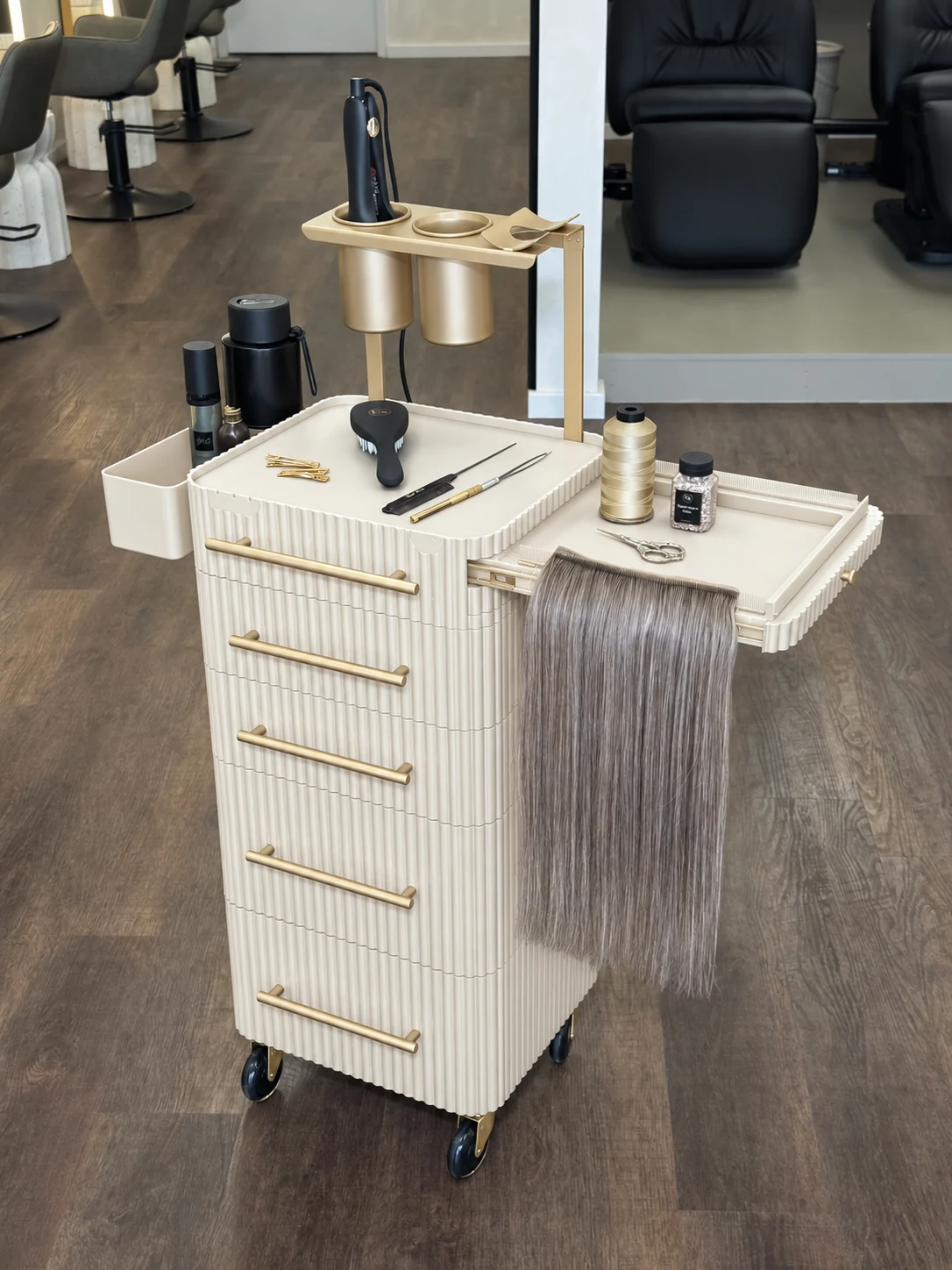 Ivory trolley with extended side tray and hair extensions